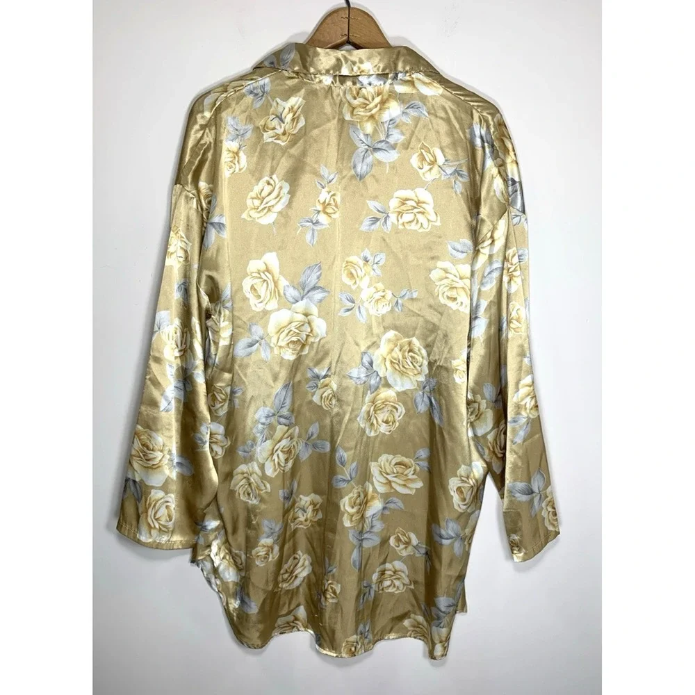 Victoria's Secret Satin NightShirt Womens Large Gold Rose Floral Sleep Nightgown